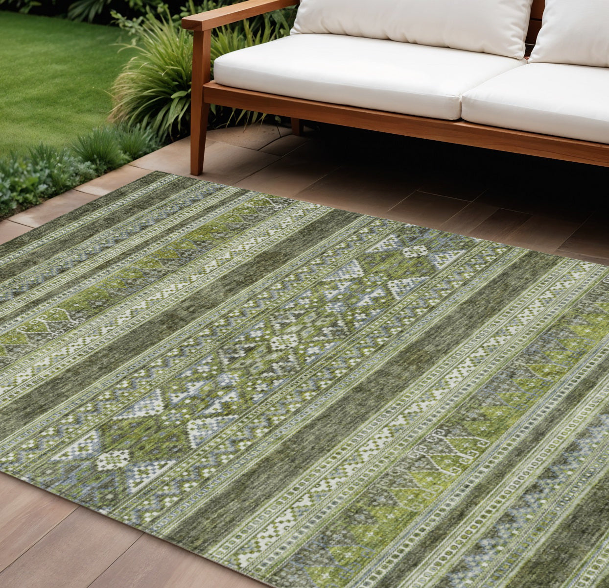 9' X 12' Olive Green And Artichoke Green Southwestern Washable Indoor Outdoor Area Rug