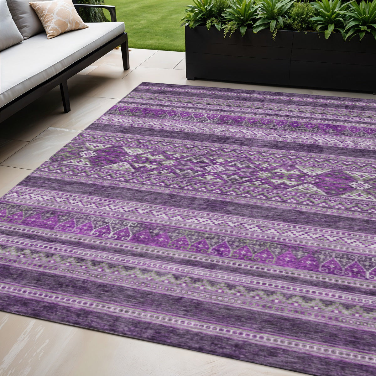5' X 8' Purple Eggplant And Gray Southwestern Washable Indoor Outdoor Area Rug