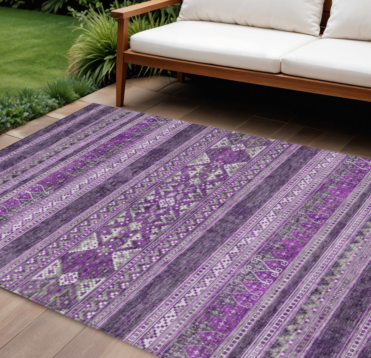 9' X 12' Purple Eggplant And Gray Southwestern Washable Indoor Outdoor Area Rug