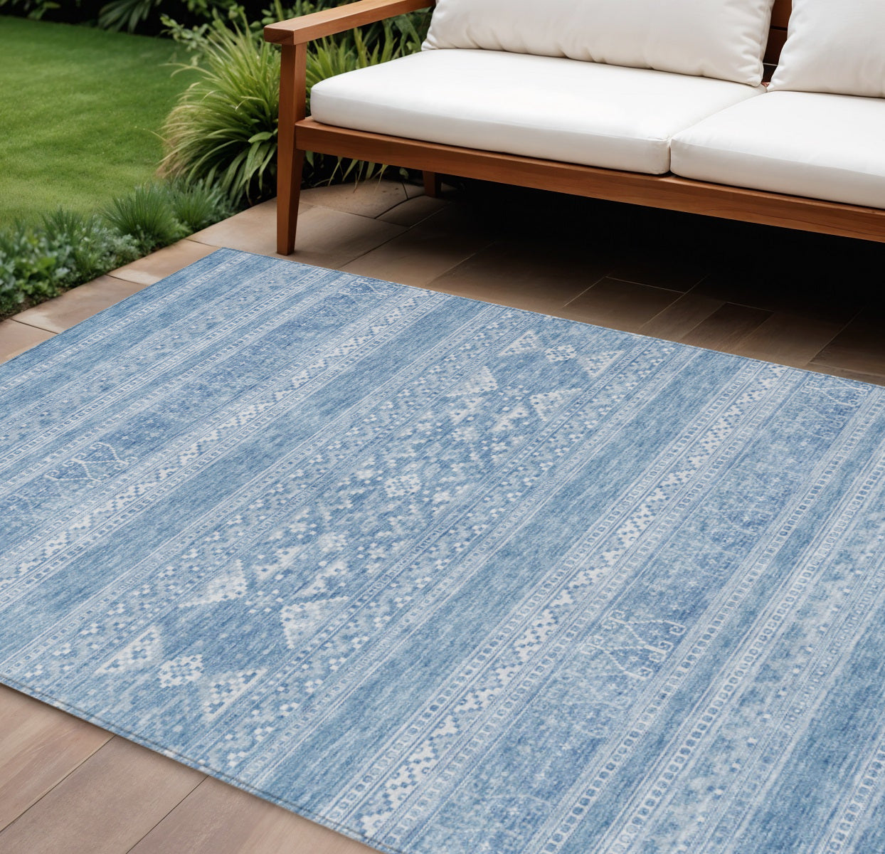 9' X 12' Sky Blue And Ivory Southwestern Washable Indoor Outdoor Area Rug