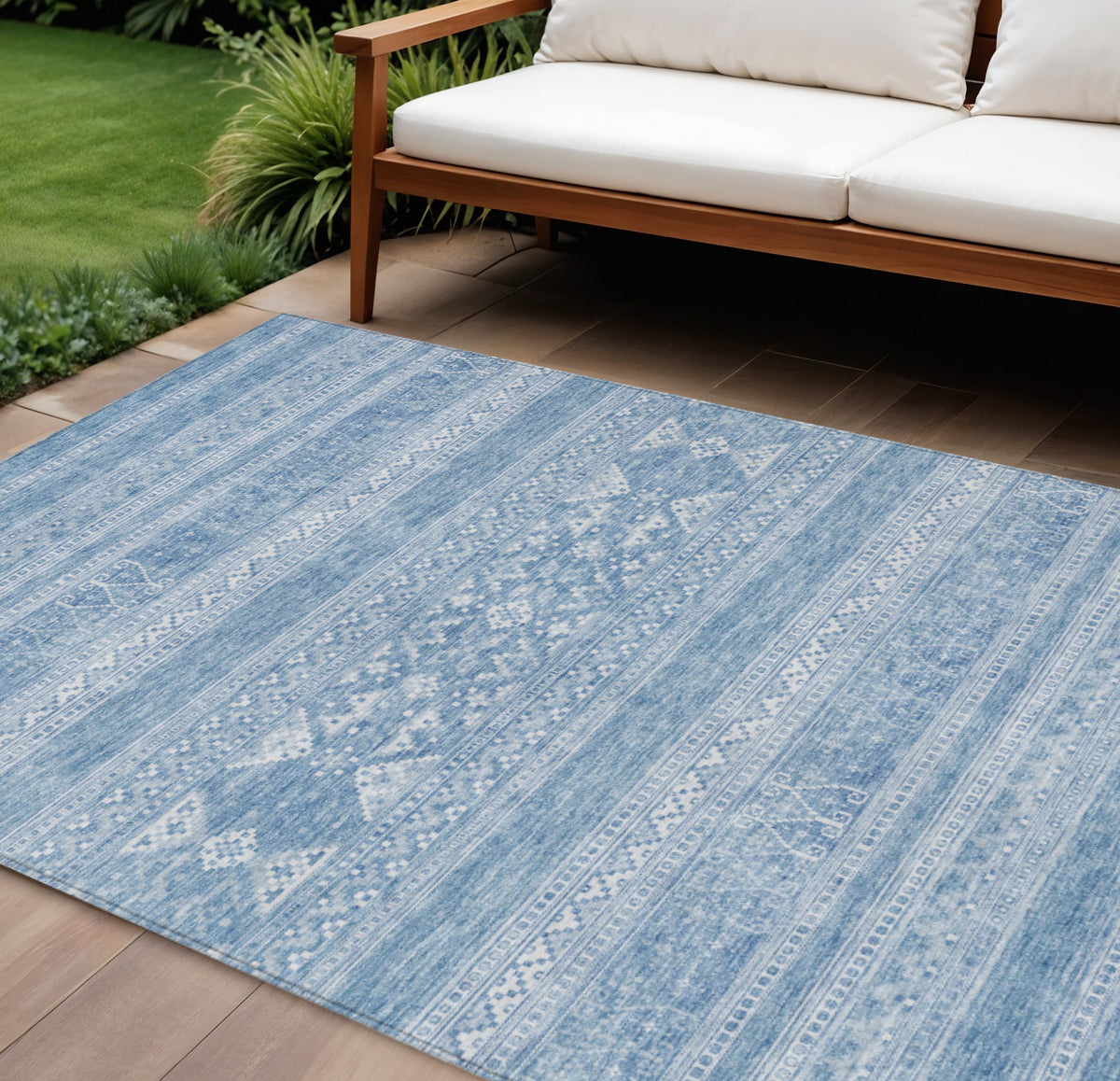 9' X 12' Sky Blue And Ivory Southwestern Washable Indoor Outdoor Area Rug