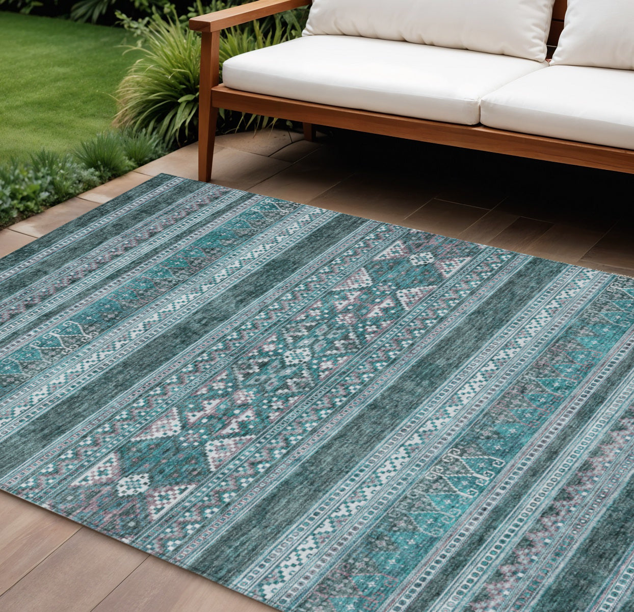 9' X 12' Teal Blue Ivory And Gray Southwestern Washable Indoor Outdoor Area Rug