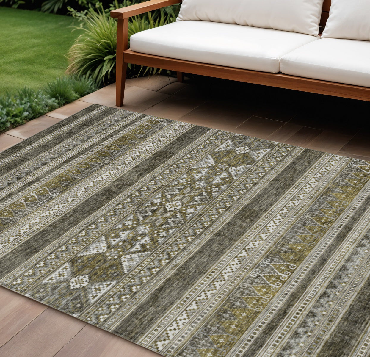 9' X 12' Taupe Beige And Ivory Southwestern Washable Indoor Outdoor Area Rug