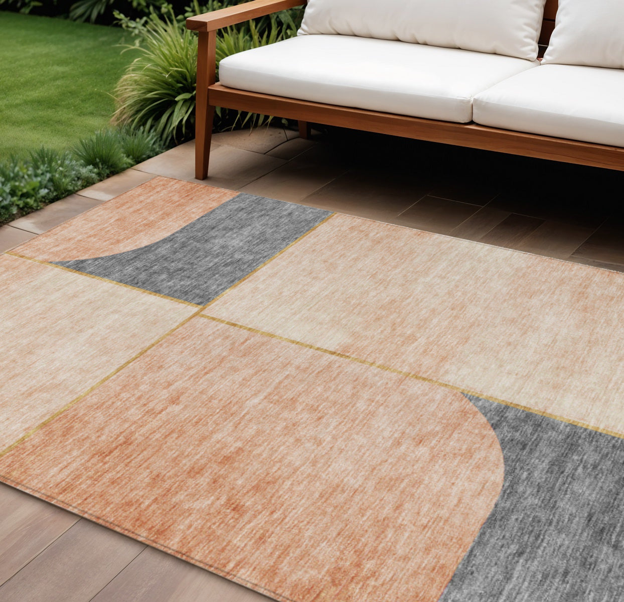 9' X 12' Coral Peach And Gray Abstract Washable Indoor Outdoor Area Rug