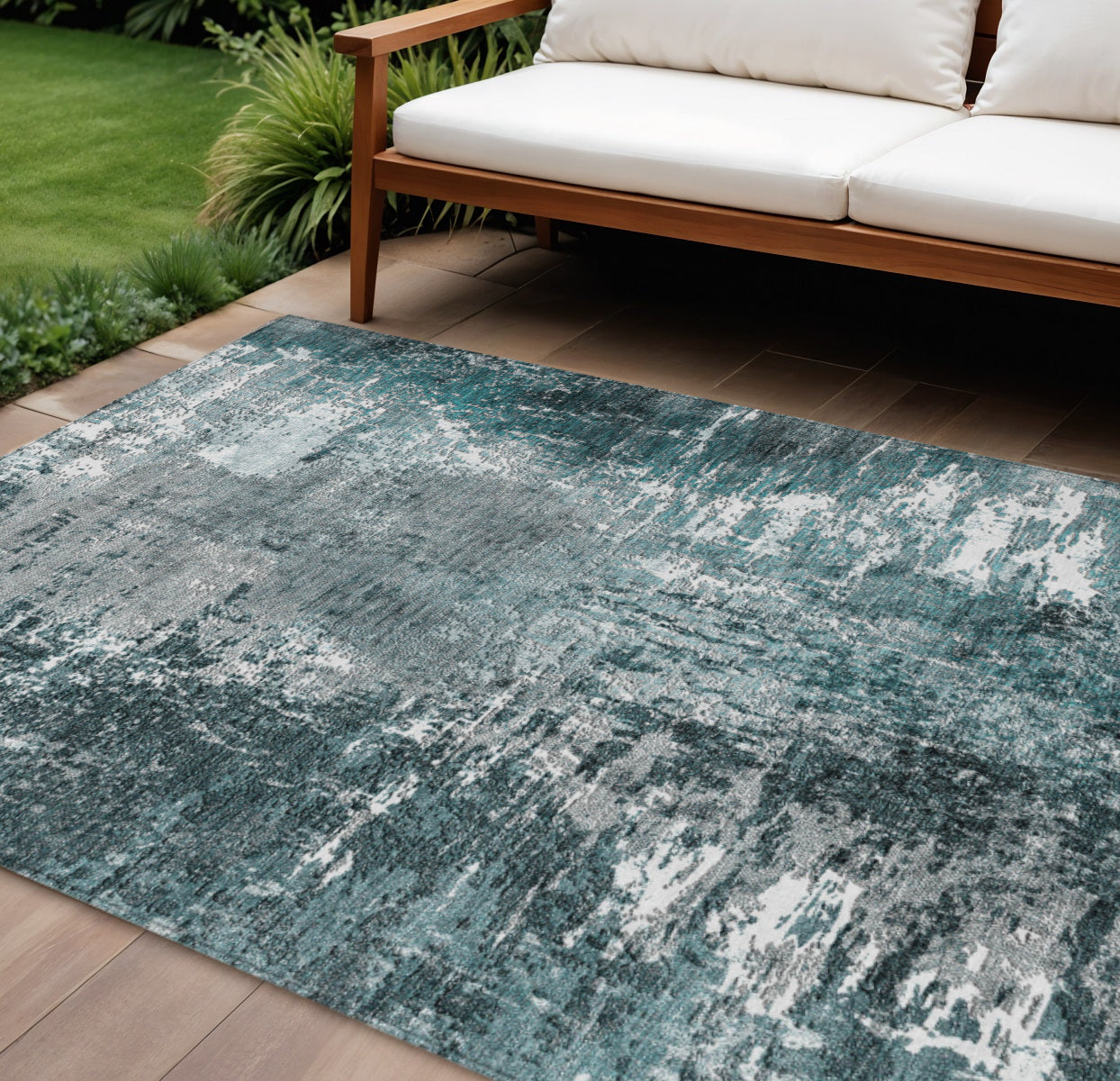 9' X 12' Teal Blue Gray And Charcoal Abstract Washable Indoor Outdoor Area Rug