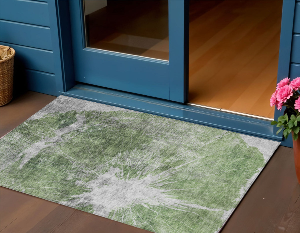 3' X 5' Green And Gray Abstract Washable Indoor Outdoor Area Rug
