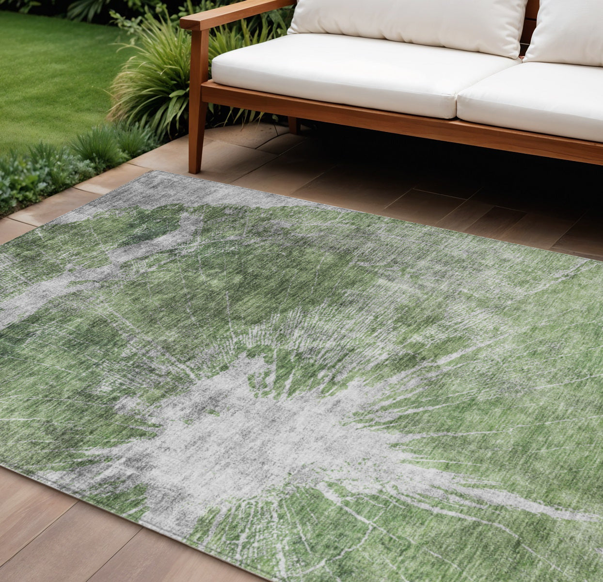 9' X 12' Green And Gray Abstract Washable Indoor Outdoor Area Rug