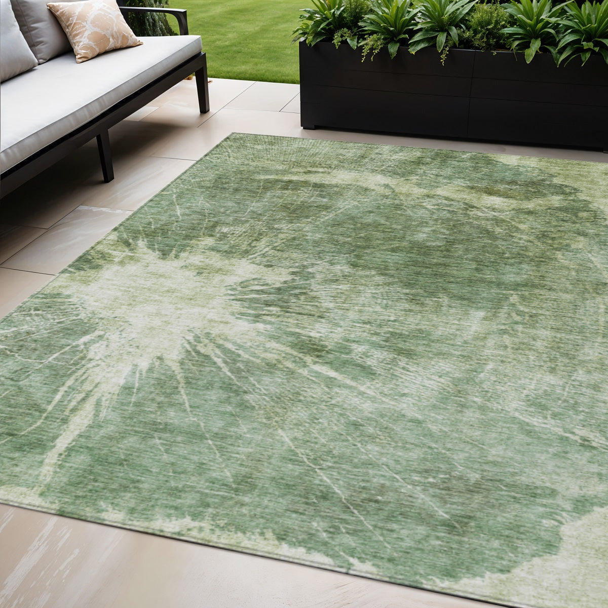 8' X 10' Fern Green And Artichoke Green Abstract Washable Indoor Outdoor Area Rug