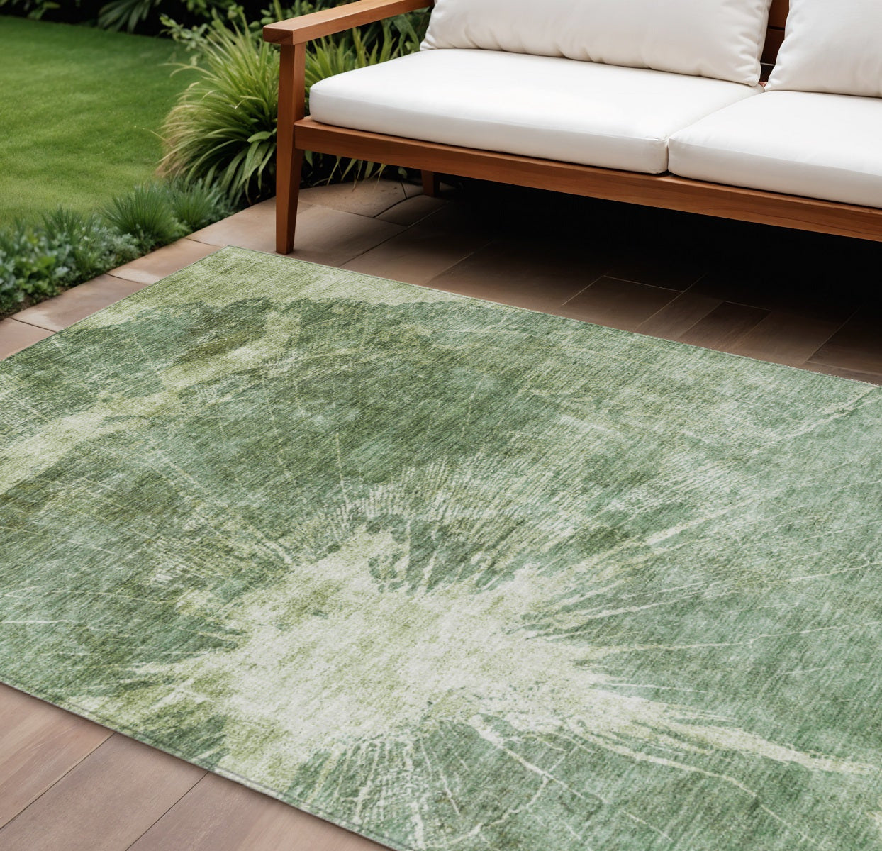 9' X 12' Fern Green And Artichoke Green Abstract Washable Indoor Outdoor Area Rug