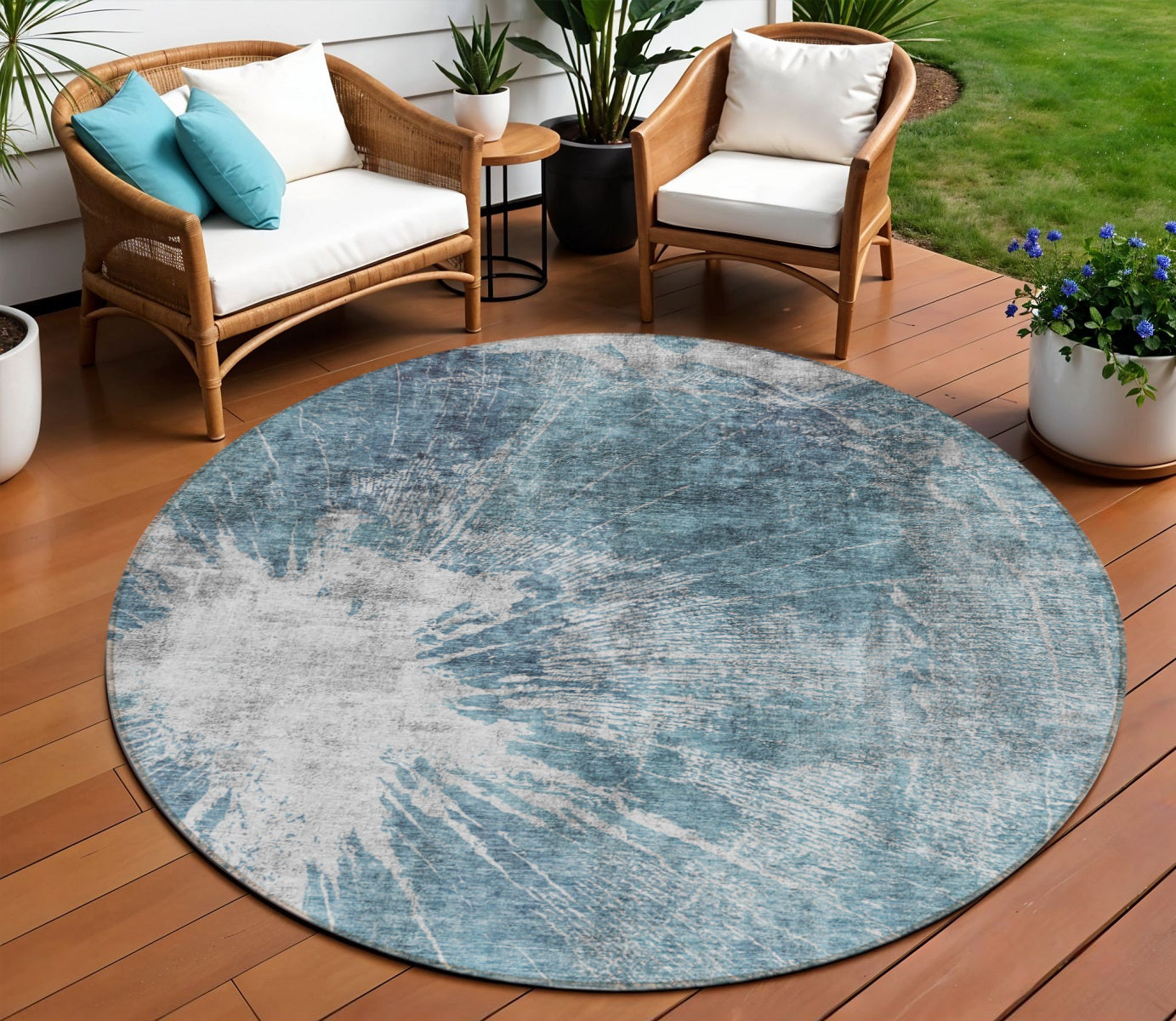 8' Teal Blue Navy Blue And Gray Round Abstract Washable Indoor Outdoor Area Rug