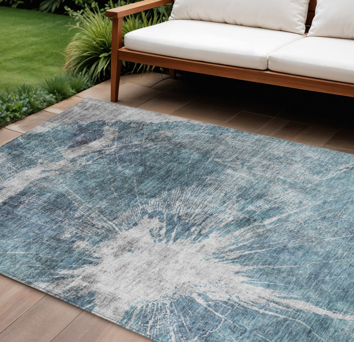 9' X 12' Teal Blue Navy Blue And Gray Abstract Washable Indoor Outdoor Area Rug