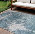 10' X 14' Teal Blue Navy Blue And Gray Abstract Washable Indoor Outdoor Area Rug