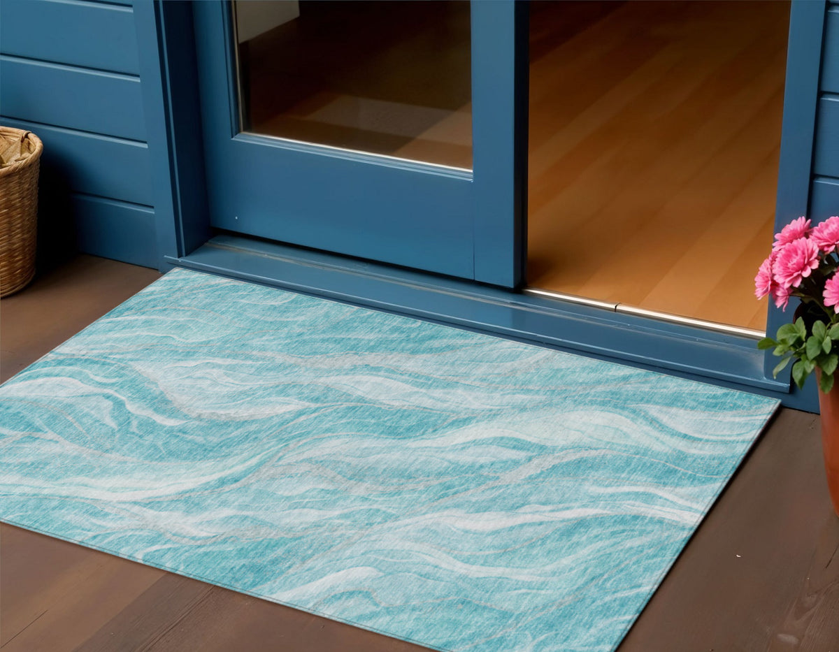 3' X 5' Teal Blue Aqua And Ivory Abstract Washable Indoor Outdoor Area Rug