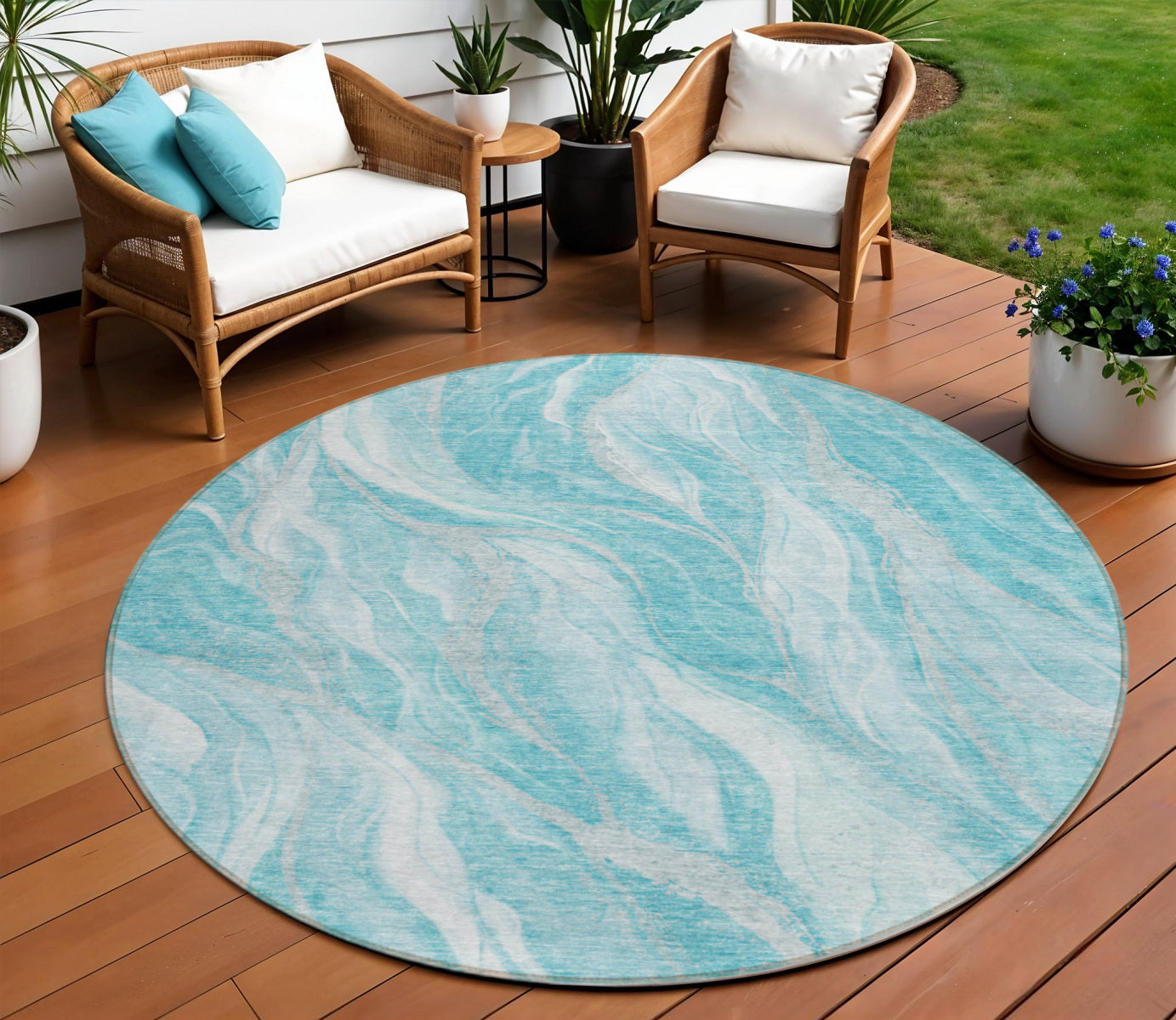 8' Teal Blue Aqua And Ivory Round Abstract Washable Indoor Outdoor Area Rug