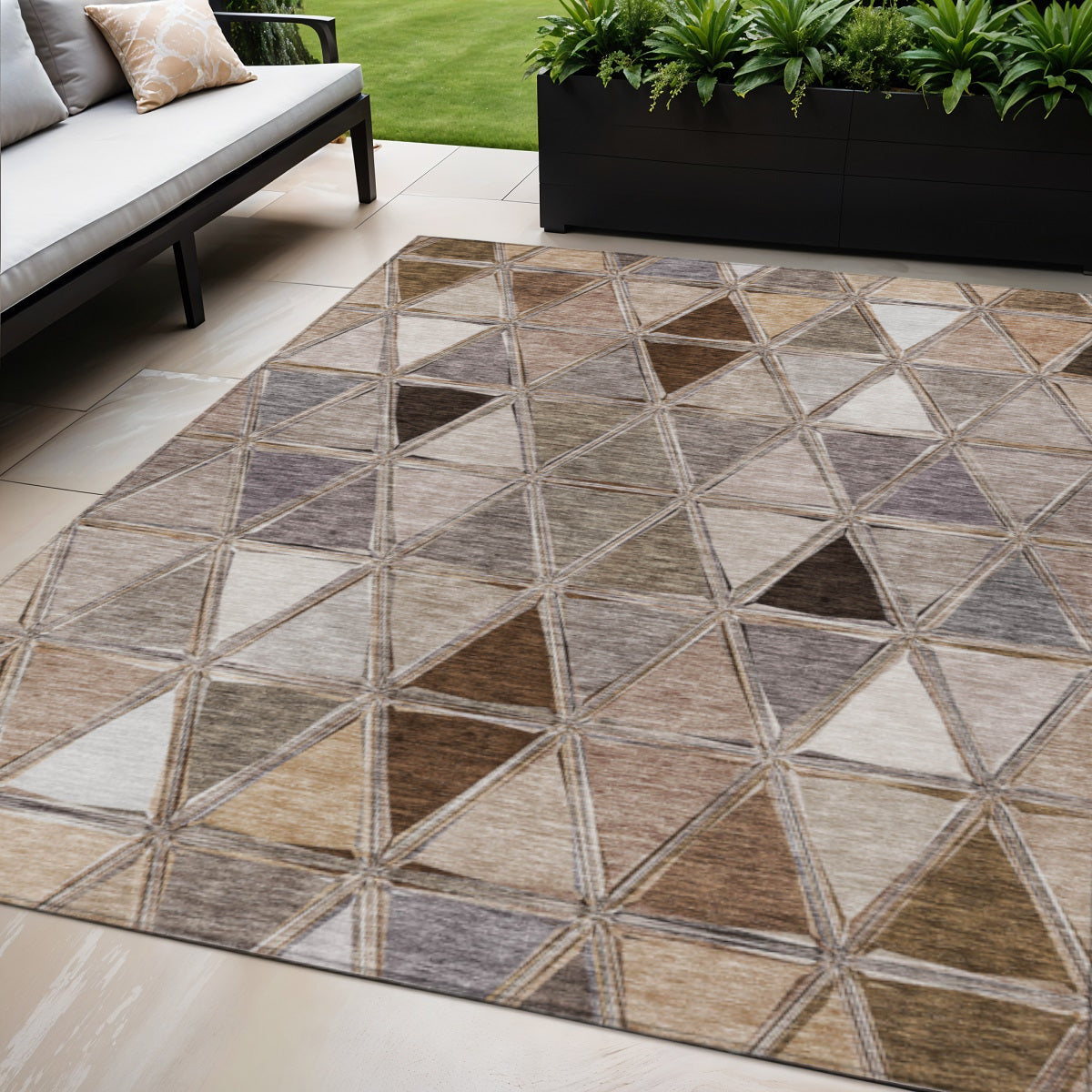 5' X 8' Brown Beige And Khaki Geometric Washable Indoor Outdoor Area Rug