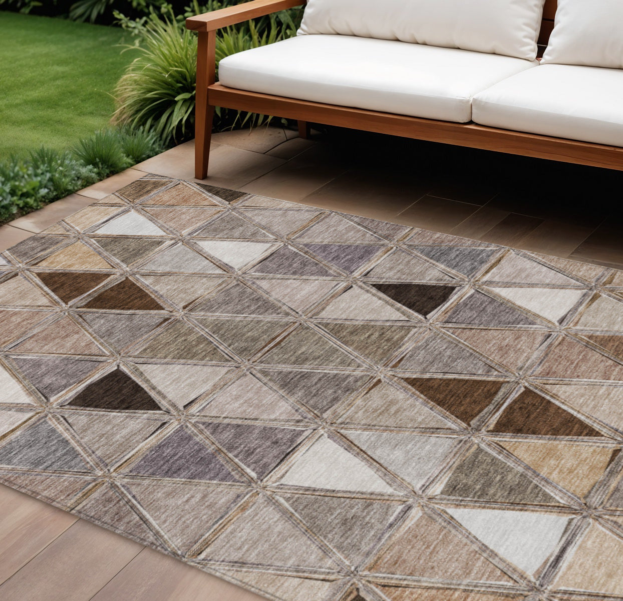 9' X 12' Brown Beige And Khaki Geometric Washable Indoor Outdoor Area Rug