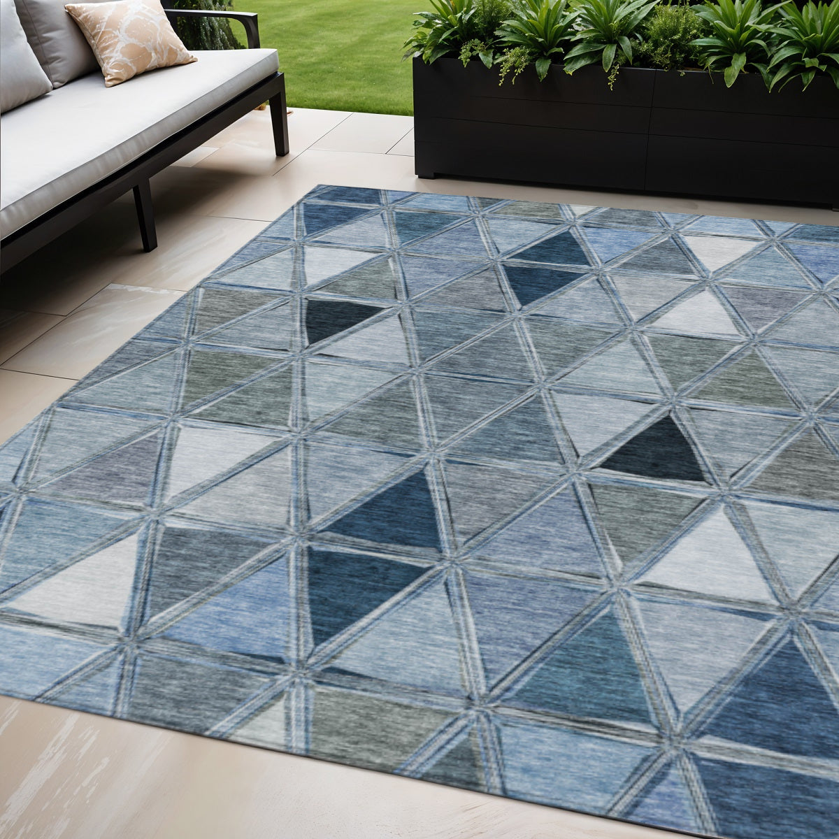 5' X 8' Denim Blue And Sky Blue Geometric Washable Indoor Outdoor Area Rug