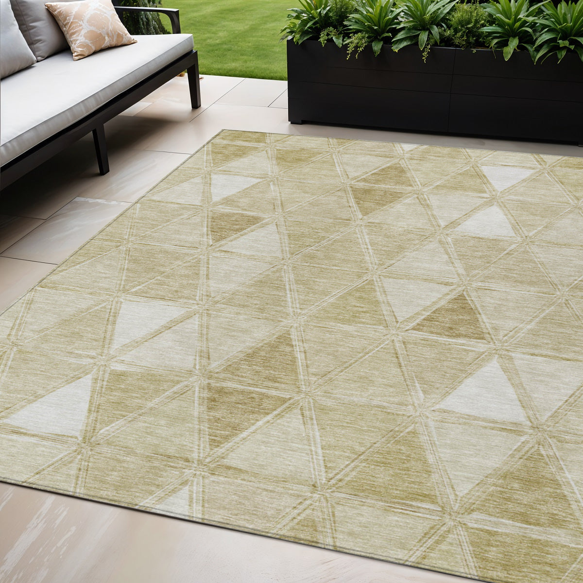 5' X 8' Khaki Beige And Tan Geometric Washable Indoor Outdoor Area Rug