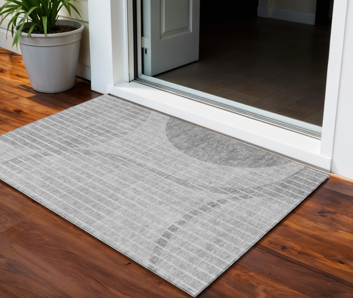 3' X 5' Gray Silver And Ivory Striped Washable Indoor Outdoor Area Rug