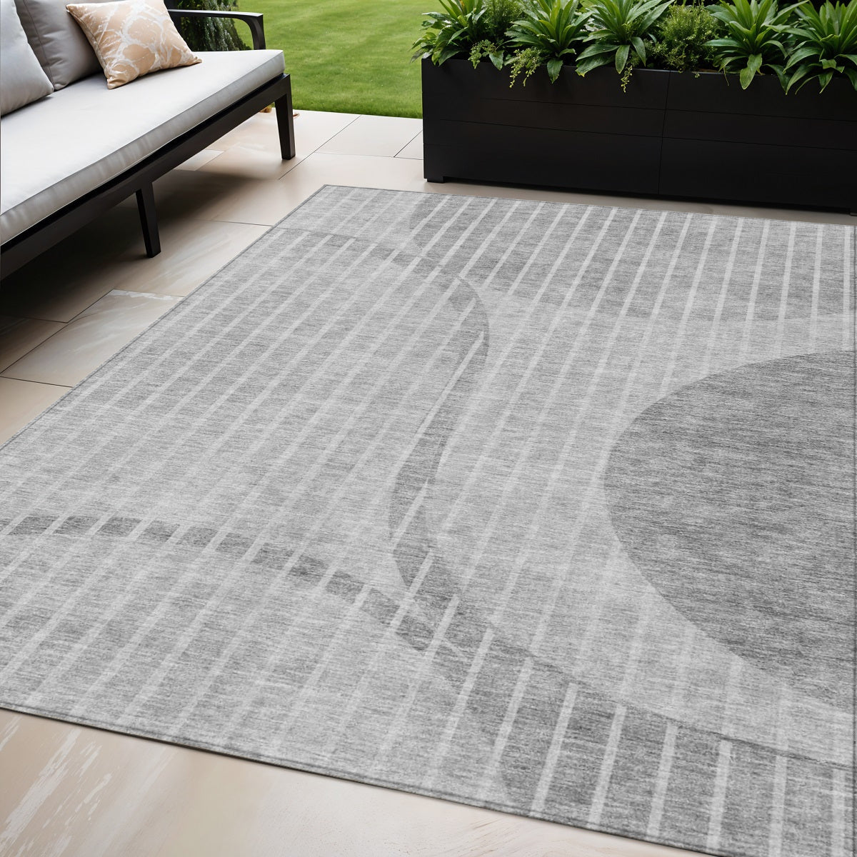 5' X 8' Gray Silver And Ivory Striped Washable Indoor Outdoor Area Rug
