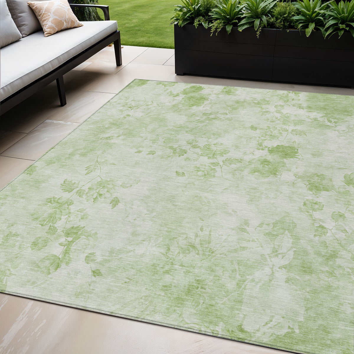 3' X 5' Green And Ivory Floral Washable Indoor Outdoor Area Rug