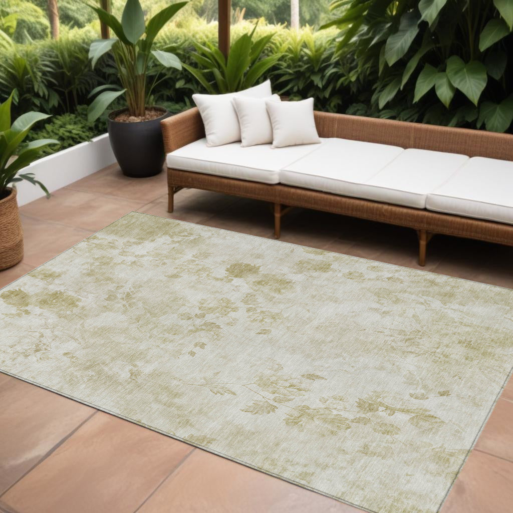 9' X 12' Khaki Beige And Tan Floral Washable Indoor Outdoor Area Rug