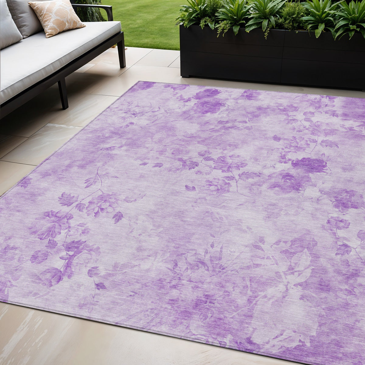 5' X 8' Lavender And Purple Floral Washable Indoor Outdoor Area Rug