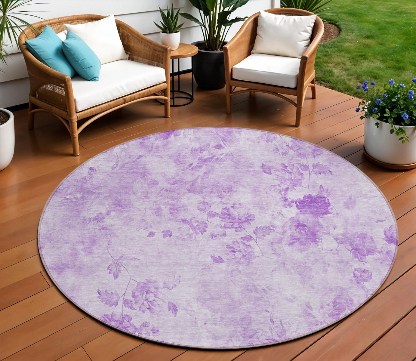 8' Lavender And Purple Round Floral Washable Indoor Outdoor Area Rug