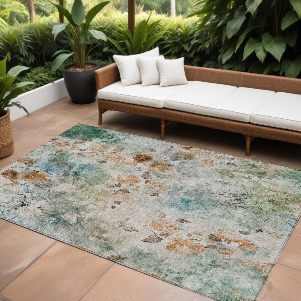 9' X 12' Teal Blue And Green Floral Washable Indoor Outdoor Area Rug