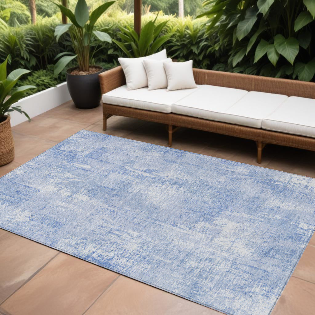 9' X 12' Sky Blue Denim Blue And Ivory Abstract Washable Indoor Outdoor Area Rug