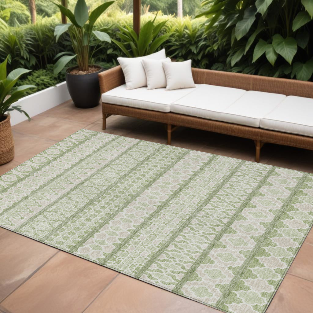 10' X 14' Artichoke Green And Ivory Quatrefoil Washable Indoor Outdoor Area Rug