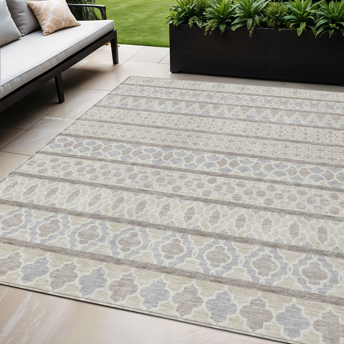 5' X 8' Ivory Beige And Taupe Quatrefoil Washable Indoor Outdoor Area Rug