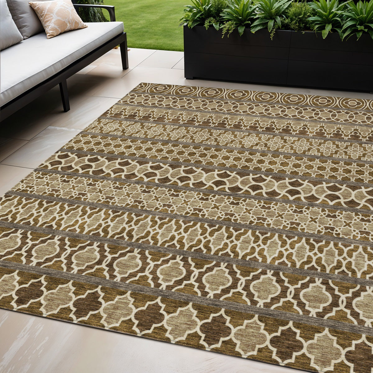 5' X 8' Brown And Taupe Quatrefoil Washable Indoor Outdoor Area Rug
