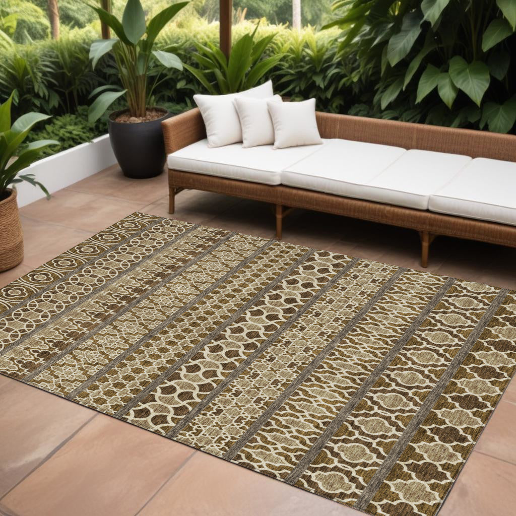 9' X 12' Brown And Taupe Quatrefoil Washable Indoor Outdoor Area Rug