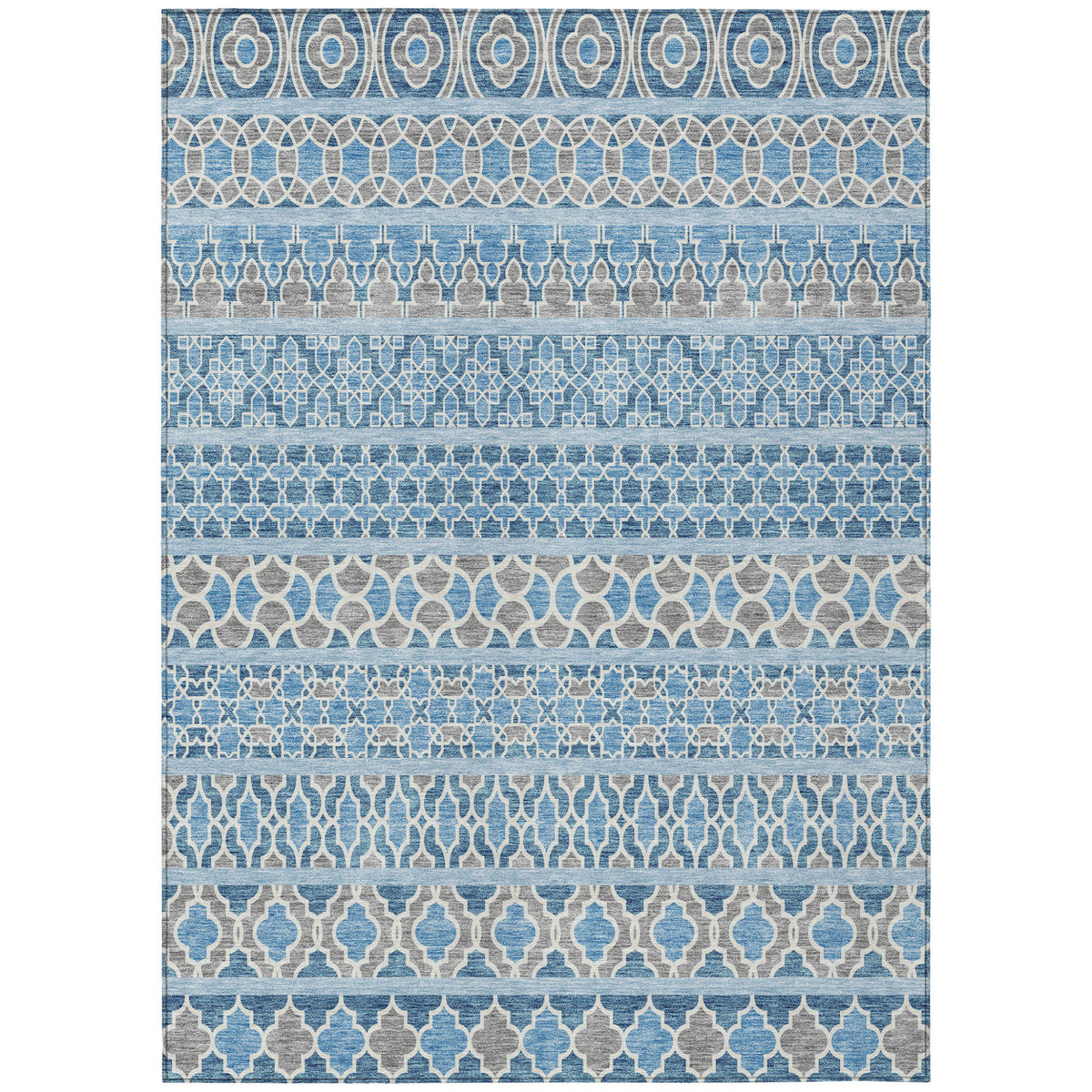 5' X 8' Sky Blue And Denim Blue Quatrefoil Washable Indoor Outdoor Area Rug