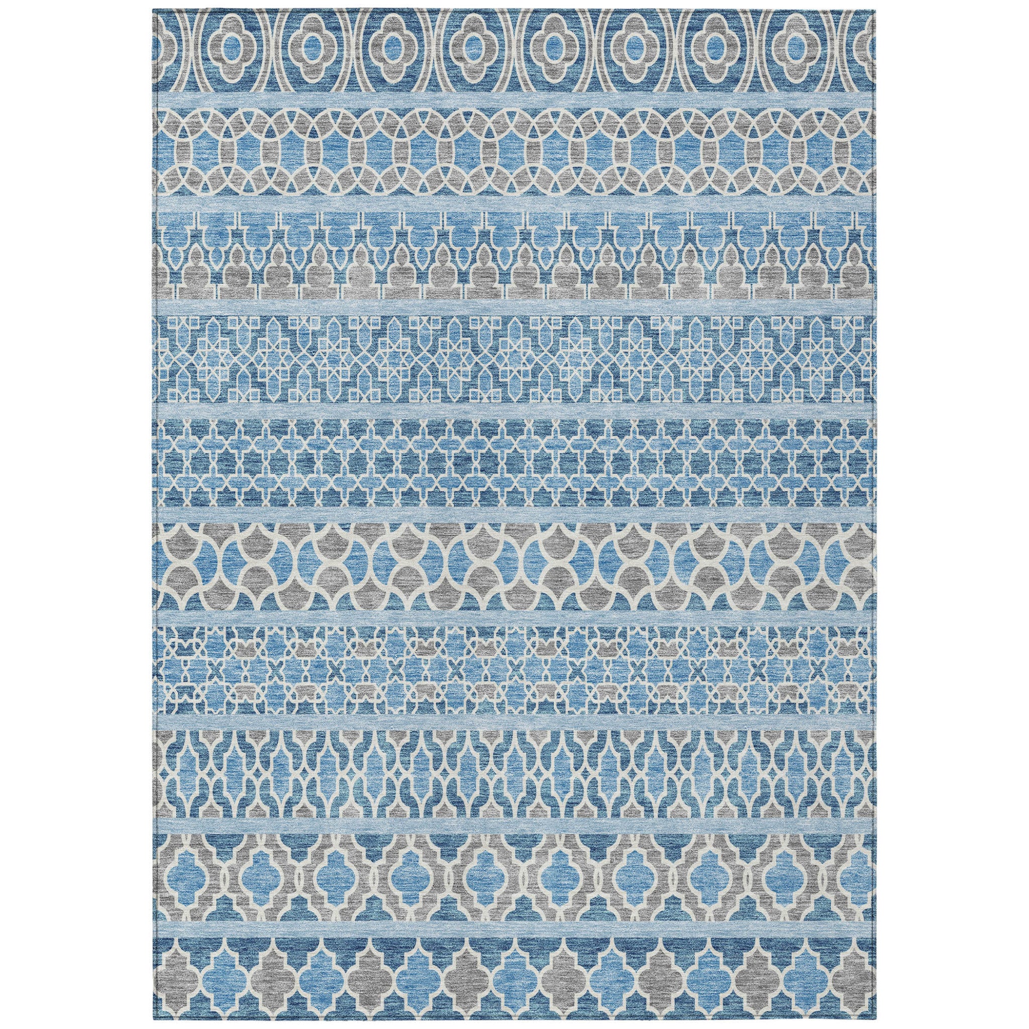 5' X 8' Sky Blue And Denim Blue Quatrefoil Washable Indoor Outdoor Area Rug