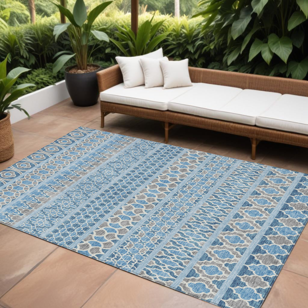 9' X 12' Sky Blue And Denim Blue Quatrefoil Washable Indoor Outdoor Area Rug