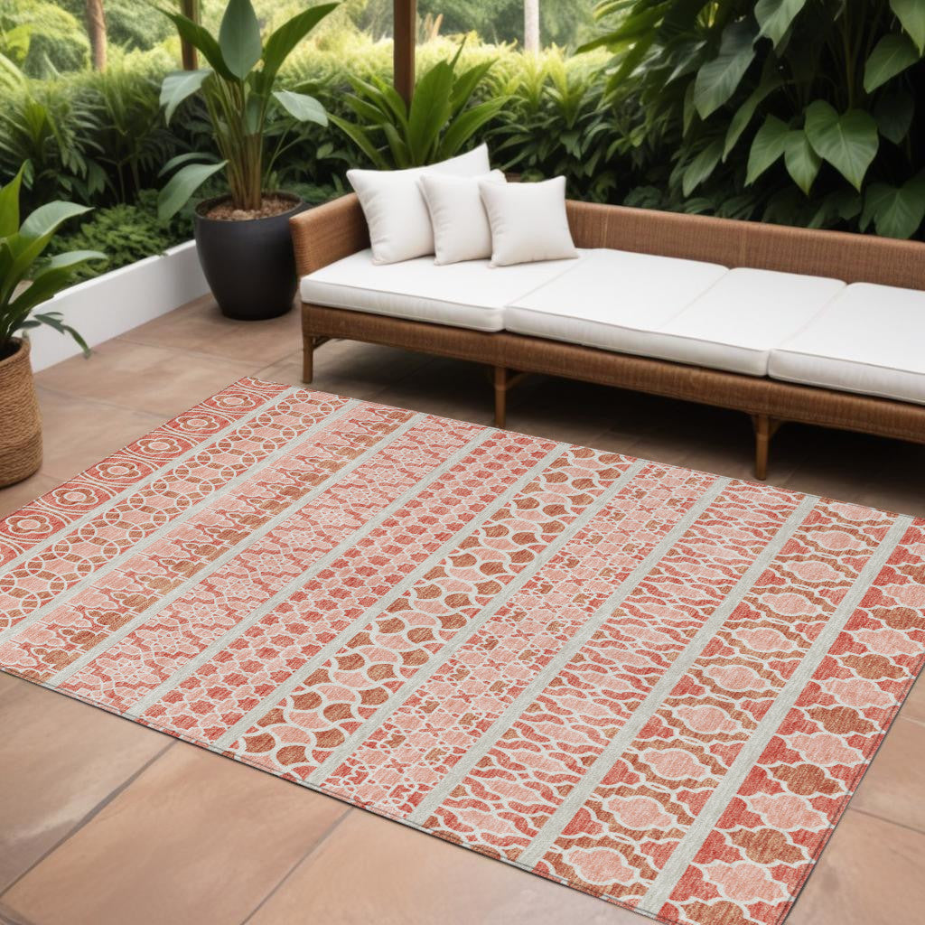 9' X 12' Salmon Beige And Copper Quatrefoil Washable Indoor Outdoor Area Rug