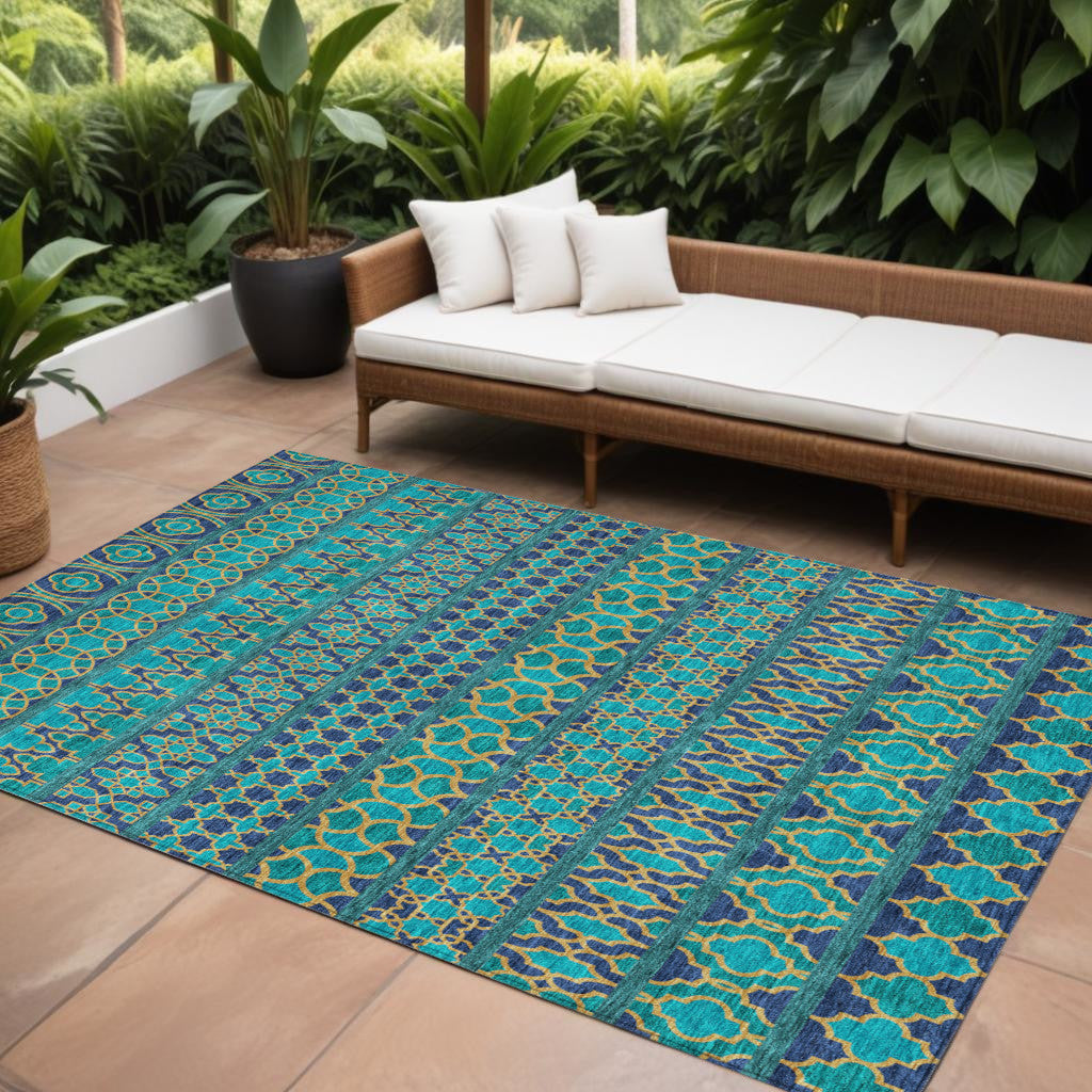 9' X 12' Teal Blue And Navy Blue Quatrefoil Washable Indoor Outdoor Area Rug