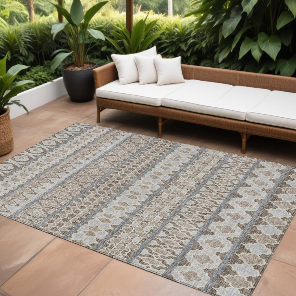 9' X 12' Taupe Beige And Gray Quatrefoil Washable Indoor Outdoor Area Rug