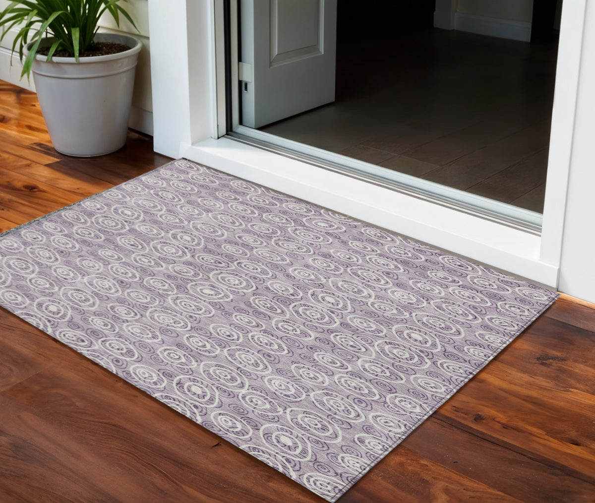 3' X 5' Lavender Purple And Ivory Geometric Washable Indoor Outdoor Area Rug