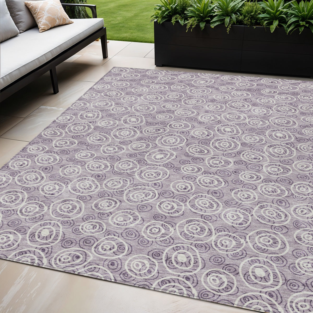 5' X 8' Lavender Purple And Ivory Geometric Washable Indoor Outdoor Area Rug