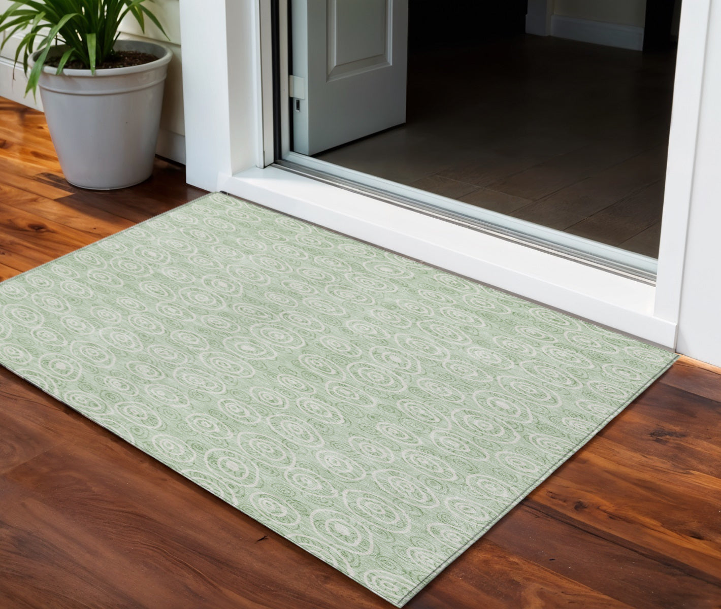 3' X 5' Mint Green Artichoke Green And Ivory Geometric Washable Indoor Outdoor Area Rug