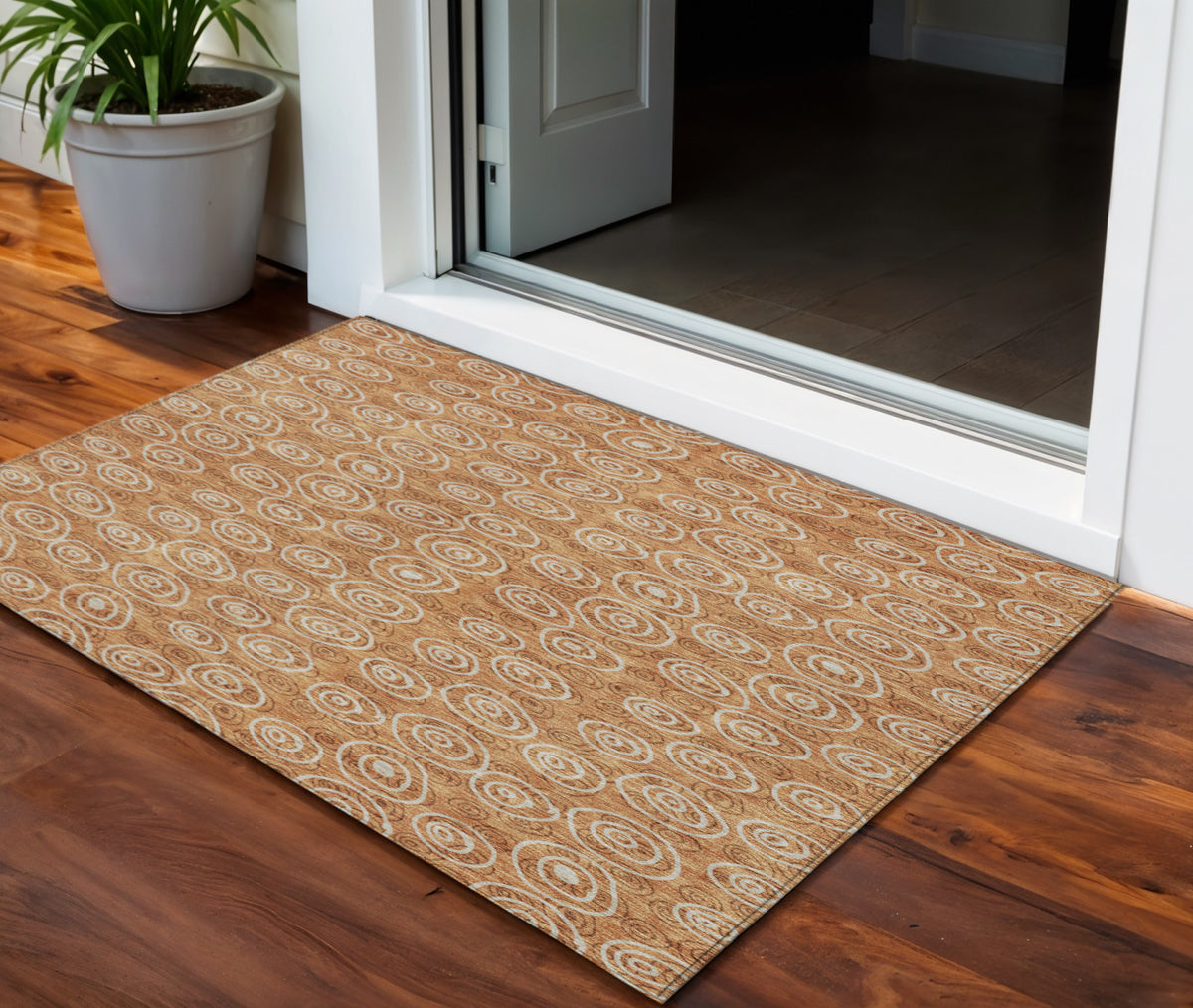 3' X 5' Terra Cotta Copper And Beige Geometric Washable Indoor Outdoor Area Rug