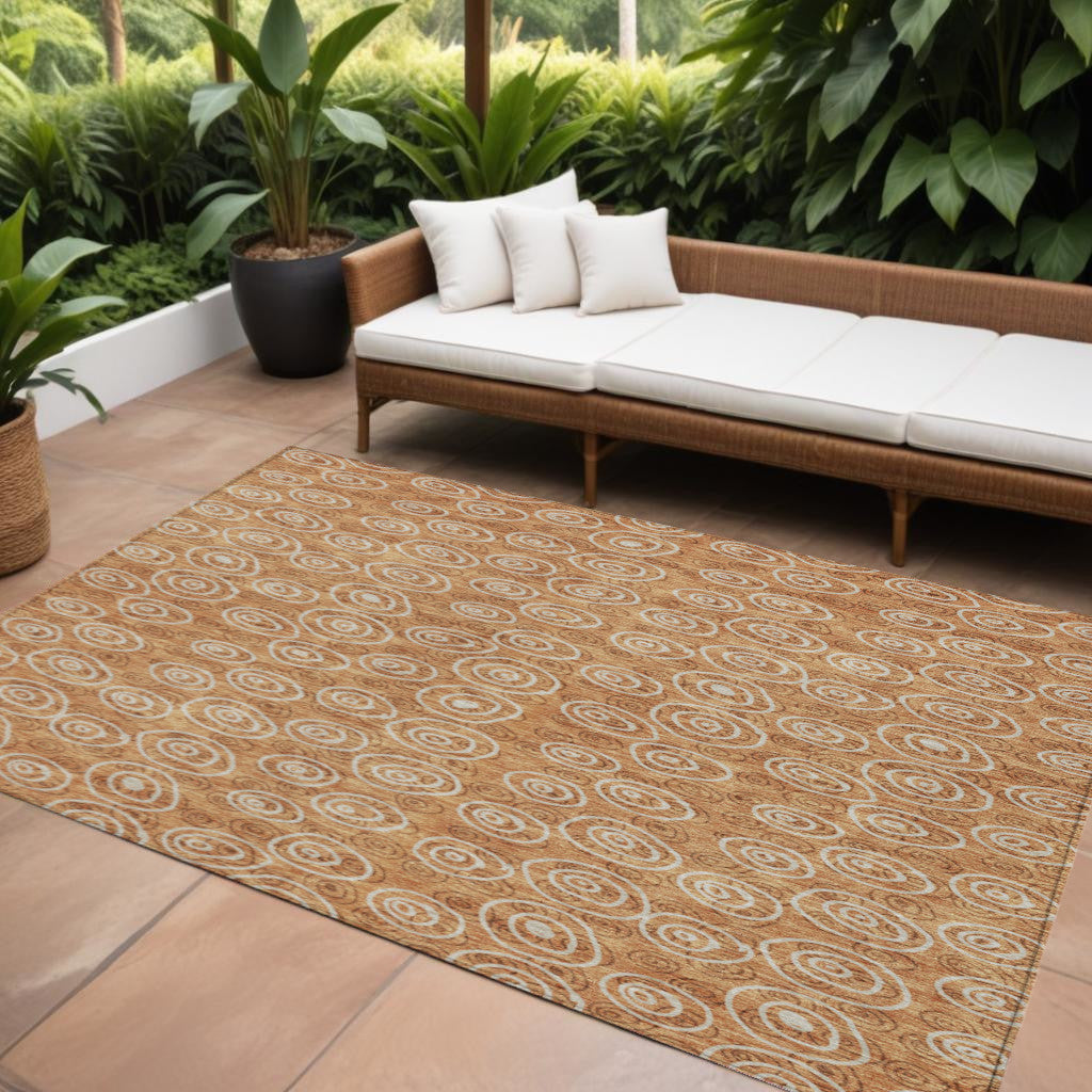 9' X 12' Terra Cotta Copper And Beige Geometric Washable Indoor Outdoor Area Rug