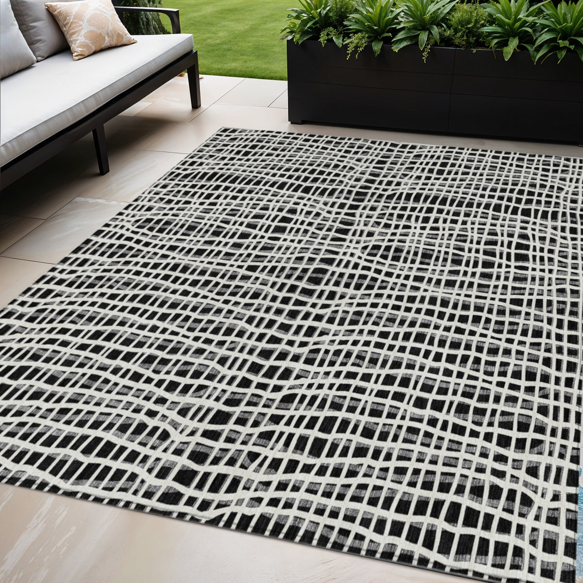 5' X 8' Black Gray And Ivory Striped Washable Indoor Outdoor Area Rug