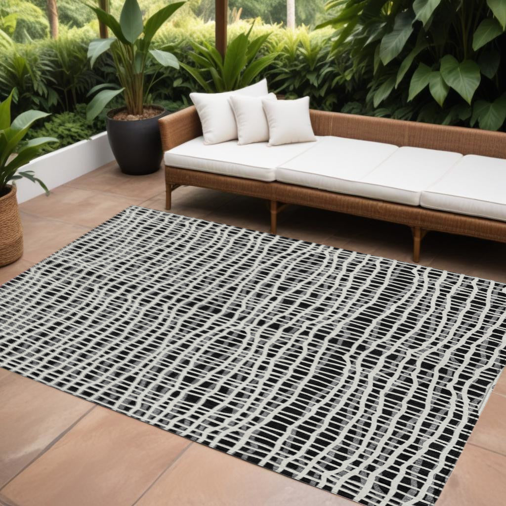 9' X 12' Black Gray And Ivory Striped Washable Indoor Outdoor Area Rug