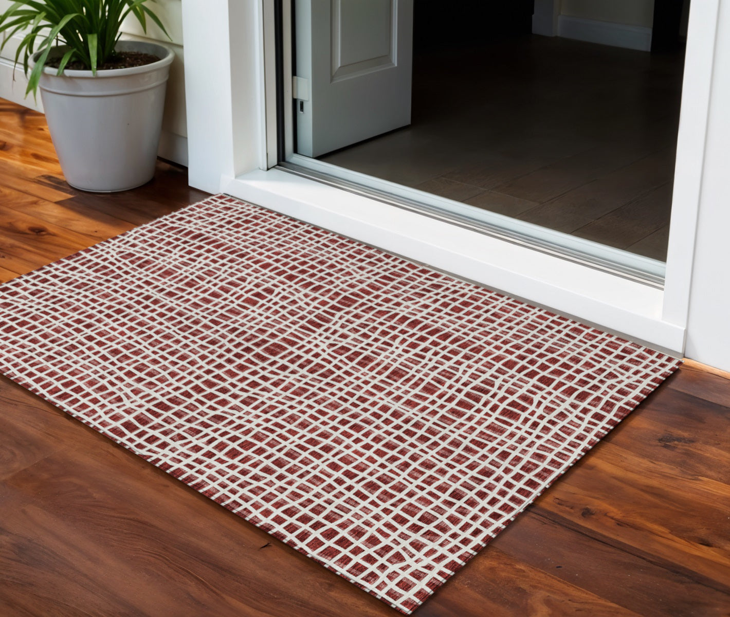 3' X 5' Burgundy And Ivory Striped Washable Indoor Outdoor Area Rug