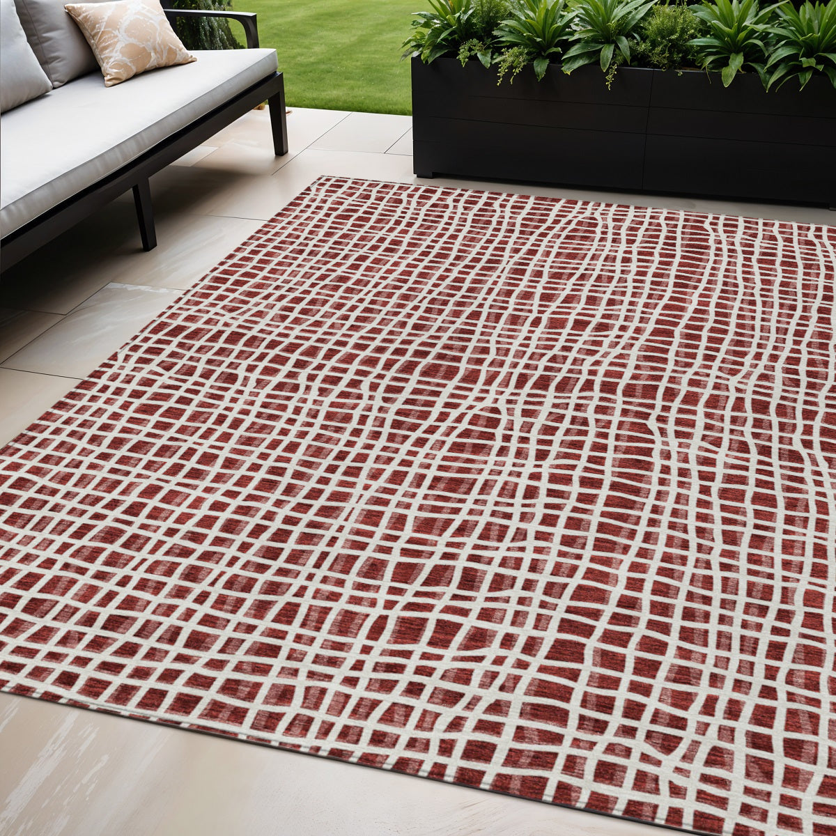 5' X 8' Burgundy And Ivory Striped Washable Indoor Outdoor Area Rug