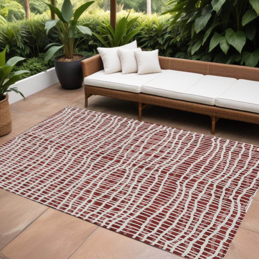 8' X 10' Burgundy And Ivory Striped Washable Indoor Outdoor Area Rug